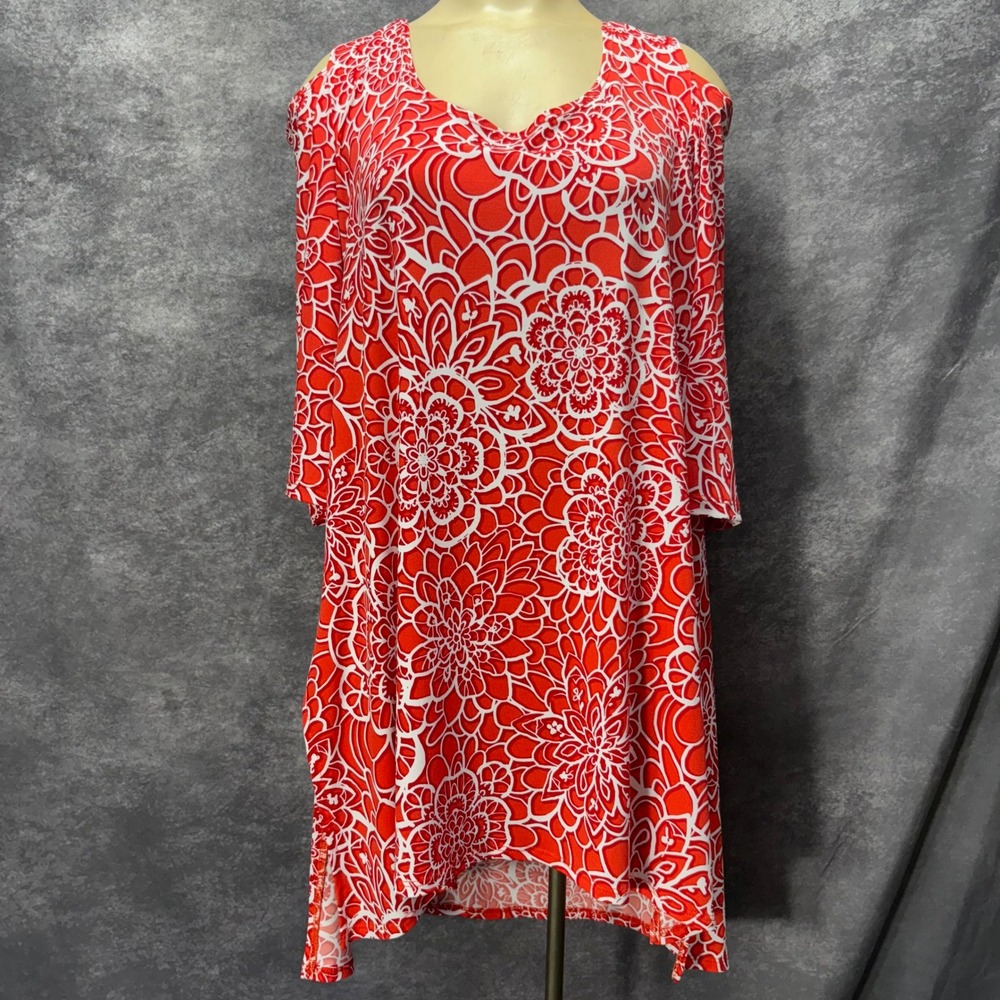 Clara Sunwoo Tunic Top Womens L Red White Floral Mandala Cold Shoulder High Low